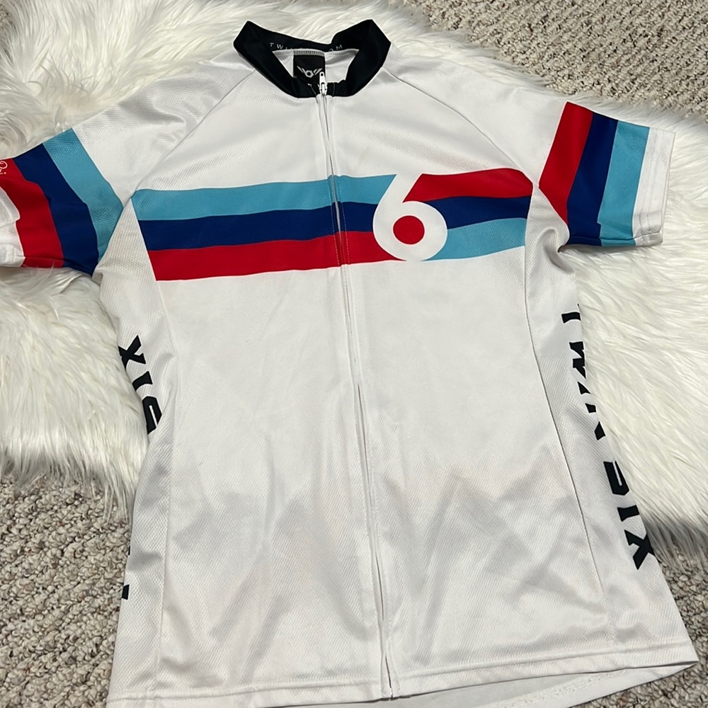 Women's Twin Six White Short-Sleeve Cycling Jersey with Blue & Red Stripes